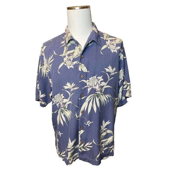 Tommy Bahama Silk Camp Shirt Wood Buttons Blue Floral Men's Size Large Hawaiian - Picture 1 of 9